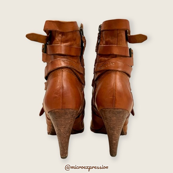 $369 Frye Mikaela Strappy Cognac Distressed Leather Zip Up Career Ankle Bootie - Picture 6 of 11